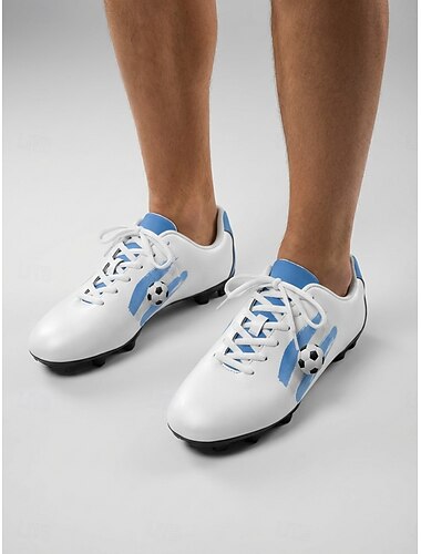  férfi argentin stoplis cipő, fehér-kék mintás futballcipő, legyező stílusú kültéri műfű lábbeli edzéshez, mérkőzésekhez, sporthoz &hétköznapi viselet