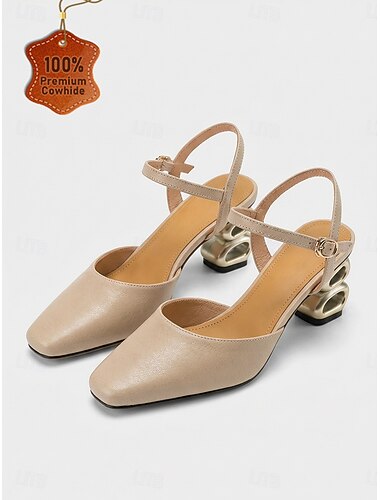  Escarpins slingback en cuir véritable abricot pour femme - talons carrés chics avec talon bloc sculptural en métal doré, parfaits pour le bureau et les réunions professionnelles. &événements