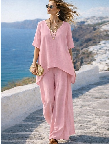  Damen Hosen-Sets Kunstbaumwollleinen Kurzarm V Ausschnitt Einfarbig Elegant Mode Streetwear Lässig Täglich Outdoor Blau Schwarz Weiß Sommer Lässiger Schnitt