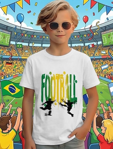  100% Baumwolle Kinder Jungen Weiß Grafik Fußballspieler T-Shirt Bluse Rundhalsausschnitt Kurzarm Outdoor Alltagskleidung Mode Streetwear Designer Drucken Sommer