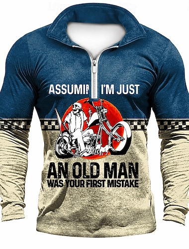  טי-שירט גרפי ארוכה לגברים עם ציטוט רוכב 'להניח שאני סתם זקן היה הטעות הראשונה שלך' חולצה מצחיקה באורך רבע רוכסן
