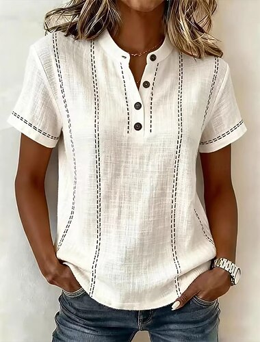  Női Blúz Grafika Csíkos Szüret Stílusos Alap Rövid ujjú V-alakú Normál felsők Hétköznapi Napi Medence Fehér Arcpír rózsaszín Nyár Tavasz