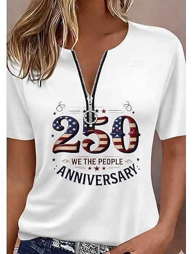  Onafhankelijkheidsdag Amerikaanse Dames T-shirt Rits Kwarts Rits Grafisch Geometrisch Kleurblok Tropisch Hawaïaans Stijlvol Korte Mouw Crew Neck V-hals Reguliere Tops Dagelijks Sport Uitgaan Wit Zomer