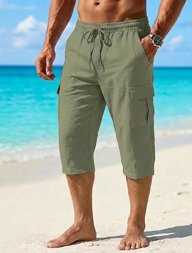  Herr Militärbyxor Linne Byxor Sommarbyxor Snörning Elastisk midja Flera fickor Slät Komfort Andningsfunktion Vadlängd Ledigt Dagligen Utomhus Semester Mode Blå Svart Oelastisk
