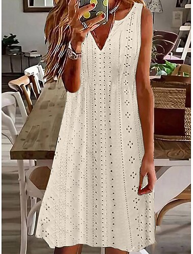  Damskie Krótka sukienka mini Biała sukienka Codzienne sukienki Letnie sukienki Sukienka z oczkami Elegancja Moda Nowoczesny Plaża Urlop Święto Regularny Równina Bez rękawów W serek Rumiany róż Beżowy