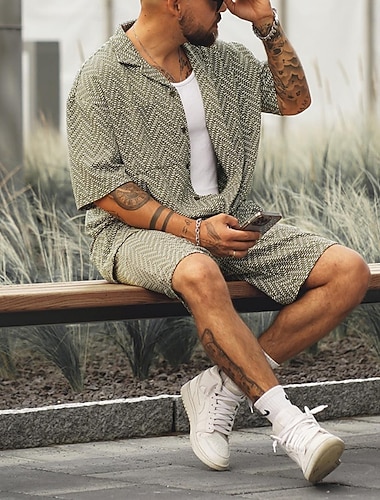  Per uomo Camicia Set Camicia Camicia casual Camicia da Spiaggia Camicia con Bottoni Verde Manica Corta Con onde Bavero Casuale Quotidiano Jacquard Abbigliamento Moda Casual Confortevole