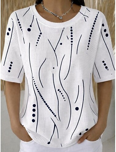  Dame Vaffel T-skjorte Strukkede strikkede topper Sommertopper Grafisk Geometrisk Stilfull Klassisk Kortermet Crew-hals Rund hals Vanlige topper Avslappet Daglig Blå Hvit Rosa Grønn Sommer Vår Høst