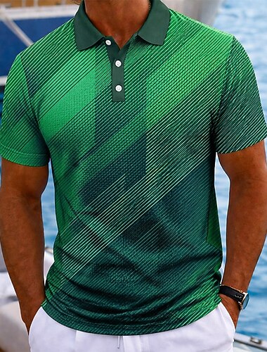  Men's Abstract Geometic Hawaiian Polo Shirts Short Sleeve Polo Shirts Lapel Casual Athleisure Vacation Wear 3D Print Buttons Spring & Summer Blue Green