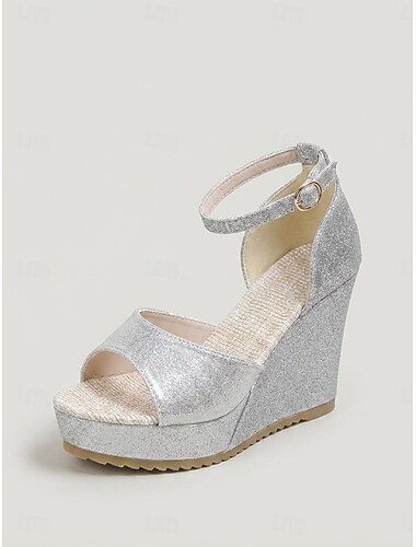  damsilverfärgade glitterkil sandaler - eleganta trädgårdsfestskor med fotledsrem