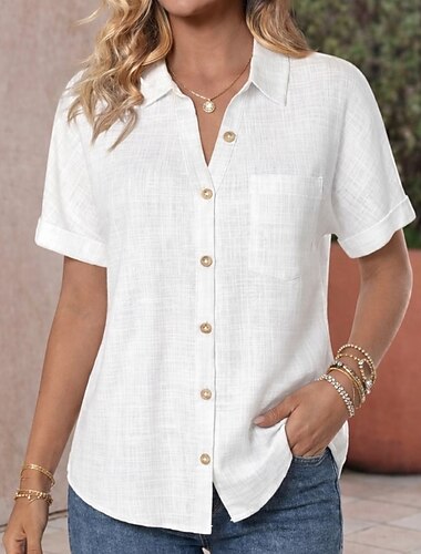  Dames Overhemd Katoenen linnen overhemden Strand hemd Overhemd met knopen Lapwerk Zak Effen Kleur Effen Vakantie Modieus Casual Korte mouw Strijkijzer Normale tops Streetwear Strand Feestdagen Wit