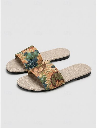 Vintage dames slippers met bloemenprint en tapijtmotief - bohemian beige platte schoenen in linnenstijl, perfect voor eilandvakanties en tropische strandresorts. &zomerse vakantie casual kleding
