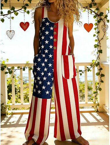  Combinaison femme style sportif, sans manches, à imprimé graphique, jambes larges, col rond, poches patchwork, coupe ample, rouge, été