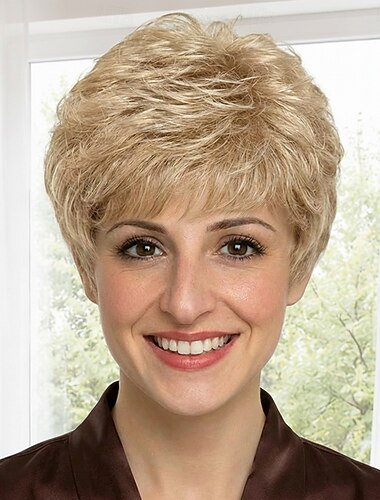  Kort askblond pixie-peruk för kvinnor - texturerat, rufsigt syntetiskt hår med lugg, naturligt utseende