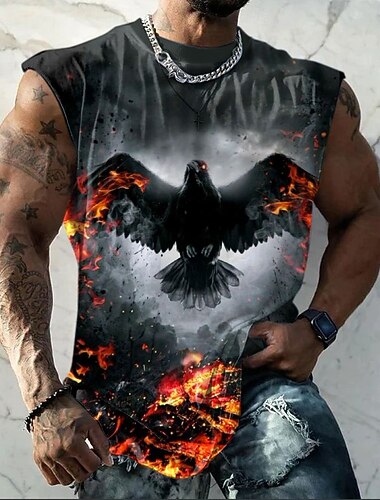  Schwarzes Herren-Tanktop mit Rabenmotiv, ausgebreiteten Flügeln, Flammen und Rauch im düsteren Gothic-Fantasy-Rock-Stil. Ärmelloses Tanktop mit Allover-Print, figurbetonter Passform, lässiger