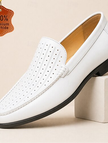  Vita perforerade läderloafers för män, slip-on-skor i premiumkohud, elegant komfort för kontor, affärs- och smart-casual-evenemang