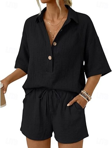  Dames Tweedelige sets Korte mouw Effen Casual Dagelijks Zwart Bruin Groen Zomer