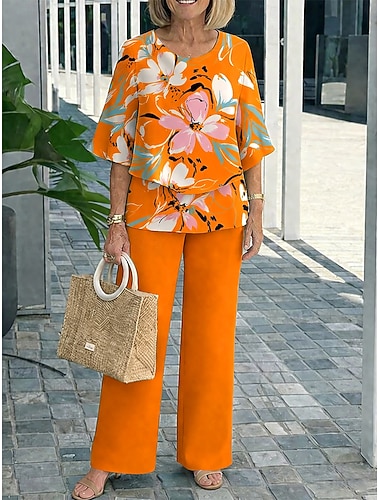  Damen Hosen-Sets Dreiviertelarm Rundhals Blumen Grafik Elegant Urlaub Lässig Täglich Urlaub Blau Fuchsie Orange Sommer Lässiger Schnitt