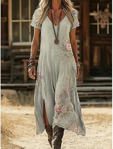 Damen Midikleid Boho-Kleid Freizeitkleid A Linie Kleid Druckkleid Vintage Outdoor Urlaub Wochenende Normale Passform Blumen Grafik Kurzarm V Ausschnitt Grün Sommer Frühling