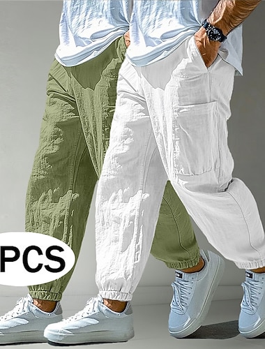  Herren Leinenhosen Hose Sommerhose Baggy-Hosen Mehrere Taschen Elastischer Bund Einfach Leicht Atmungsaktiv Volle Länge Lässig Täglich Ferien Urlaub Mode Weiß + Grün Weiß + Khaki Unelastisch
