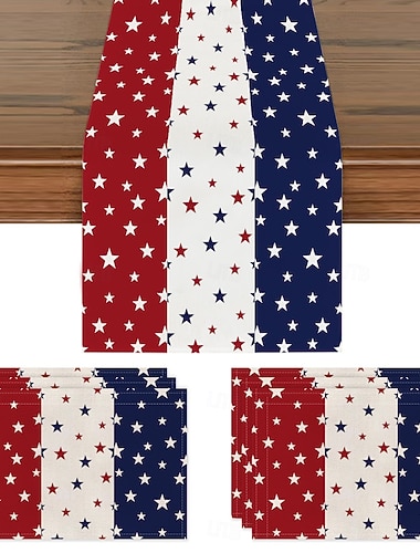  Chemin de table, nappe, dessous de plat ou nappe à rayures rouges et bleues, motif commémoratif, idéal pour la fête de l'indépendance américaine. Convient aux salles à manger, restaurants et autres