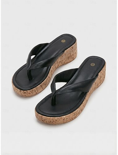  Elegante svarte sandaler med thong-plateau for kvinner - komfortable kileformede flip-flops med korkmønster for cruiseferier og avslapning ved bassengkanten &sommer strandreise