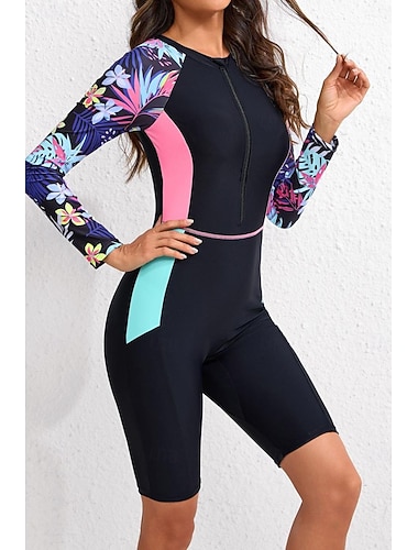  Mulheres Anti Atrito Roupa de banho Maiôs Retalhos Tropical Zip Up Perna na altura do joelho Proteção UV Secagem Rápida Elasticidade Alta Manga Longa Roupa de Banho roupa de banho Surfe Snorkeling