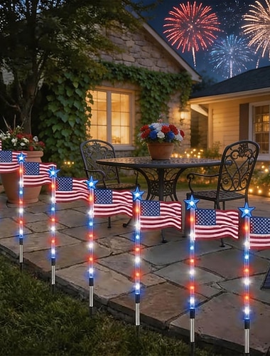 Conjunto de 8 luzes solares de caminho com bandeira americana, conectadas em 1, nas cores vermelha, branca e azul, para iluminar o jardim e celebrar o 250º aniversário da independência. Decorações patrióticas de jardim à prova d'água com LED, ideais para