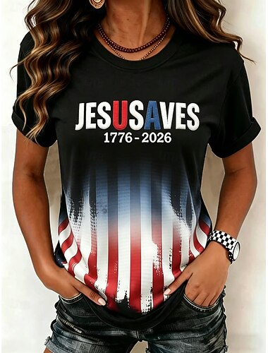  Amerykański Dzień Niepodległości Damskie Podkoszulek Nadruk Graficzny Flaga Litera Zabytkowe Moda Elegancki Krótki rękaw Półgolf Okrągły dekolt Zwykłe topy Codzienny Weekend Biały / Niebieski