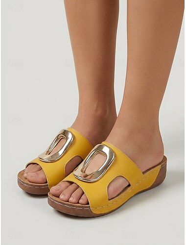 Gele damessandalen met sleehak, platformzool met metalen gesp, comfortabele casual schoenen met open neus voor zomerse tuinuitjes. &dagelijkse kleding