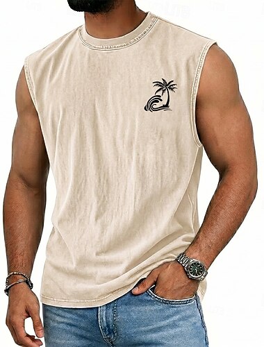  Voor heren Kokospalm Vest Top T-shirt met acid wash-effect Onderhemd Mouwloos T-shirt Grafische afdruk Strakke ronde hals Overhemd Vakantie Tropisch Modieus Dagelijks Vakantie Stranden Zwart Bruin