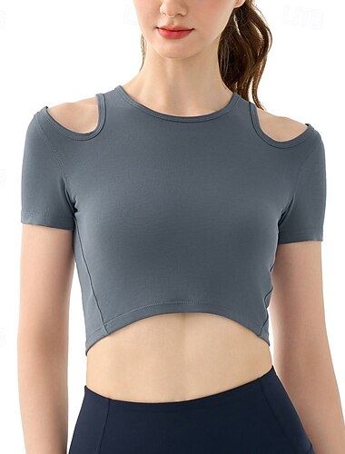  Damen T-Shirt / T-Shirt Yoga T-shirt T-shirt Fitness Rundhalsausschnitt Hautfreundlich Elastisch Bequem Ausschnitt Kurzarm Sport Einfarbig Oberteil Für Fitnesstraining Laufen Fitness Sportkleidung