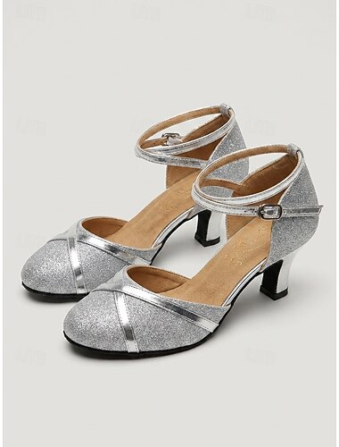  Zapatos de baile de salón dorados para mujer – zapatos latinos cerrados con purpurina &Zapatos de tacón de baile estándar con correa en el tobillo.