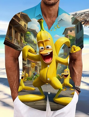  Homens Desenho Animado Engraçado Banana Camisa havaiana Camisas tropicais Camiseta Aloha Manga Curta Havaiana Férias Verão Primavera Aberto para a Lateral Impressão 3D Um bolso frontal Camisas de