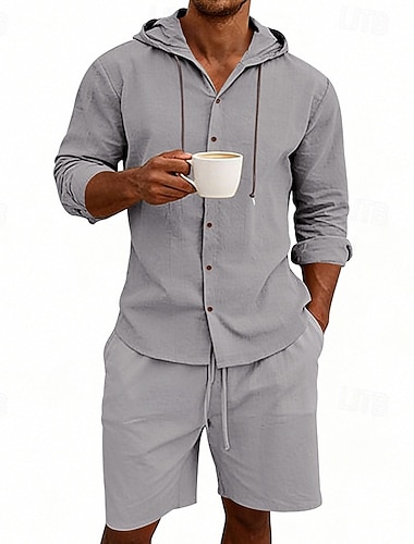  Herren Leinenhemd Zweiteilig Hemd Set Und Shorts Leinenshorts Strandshorts Set Einfach Täglich Outdoor Urlaub Mit Kapuze Langarm Sommer Frühling Mode Lässig Bequem Bekleidung