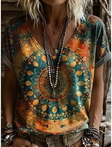  Dames T-shirt Afdrukken Grafisch Tribal Stijlvol Klassiek Casual Korte mouw V-hals Normale tops Casual Dagelijks blauw Paarsblauw Grijs-Groen Rood Oranje Zomer Lente