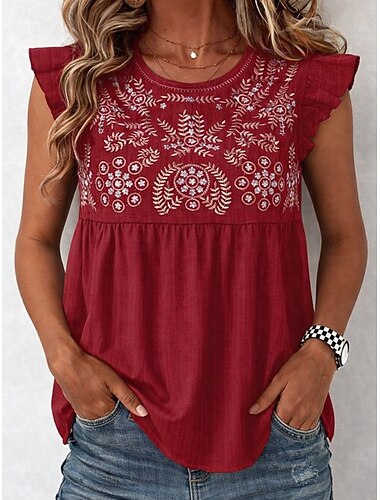  Női Póló Tee Top Hímzett Virágos Csehország Szüret Alkalmi Ujjatlan Terített nyak Normál felsők Napi Alkalmi Hétvége Medence Fekete Rubin Lóhere Szürke Nyár Tavasz