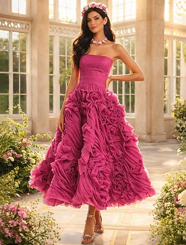  Ligne A Longueur cheville Robes de Bal Floral Bouffant Sans manches Sans bretelles Fête de jardin robe demoiselle d honneur Tulle Dos nu avec Froncé