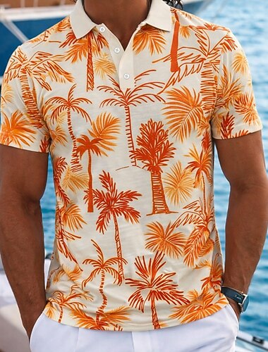  Herr Palmträd Hawaiian pikétröjor Kortärmad Polotröjor Kavajslag Ledigt Fritids- Dagliga kläder Semesterkläder 3D-utskrift Knappar Nättyg som andas Vår & sommar Blå Orange Grön