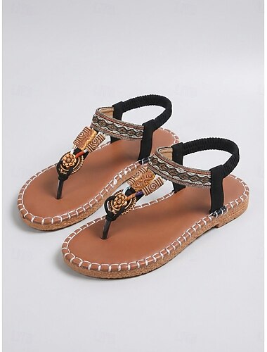  Zwarte platte sandalen voor dames in bohemian stijl - comfortabele boho-sandalen met bandjes en gevlochten details. &Enkelbandje voor eilandvakanties en strandwandelingen. &tropische