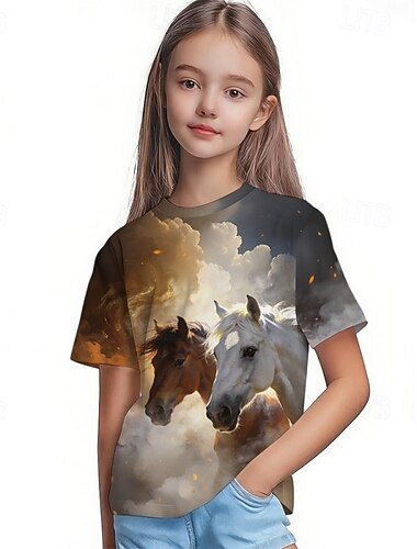  سباق كنتاكي ديربي للفتيات 3D الرسم حصان تي شيرت كنزة مطبوعة كم قصير طباعة ثلاثية الأبعاد الصيف الربيع الرياضات موضة أناقة الشارع أطفال 4-12 سنة رقبة العمل فضفاض مناسب للبس اليومي الأماكن المفتوحة عادي