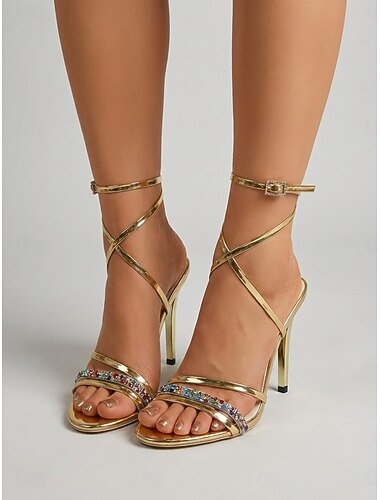  Women's Gold Strappy High Heel Sandals - Rhinestone Open Toe Stiletto Heels for Nightclub, Party & Glam Night Out