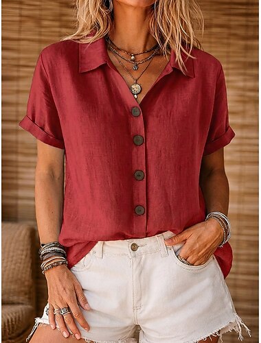  Damen Hemd Baumwoll-Leinen-Hemden Bluse Einfarbig Basic Lässig Kurzarm Revers Normale Oberteile Lässig Täglich Blau Weiß Rosa Rote Grün Sommer Frühling