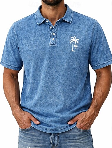  男性用 ヤシの木 コットン100％ アシッドウォッシュシャツ 半袖 ポロシャツ 襟付きシャツ ハワイアン カジュアル アウトドア 祝日 バケーションウェア 3Dプリント ボタン 春夏 ブルー ピンク パープル