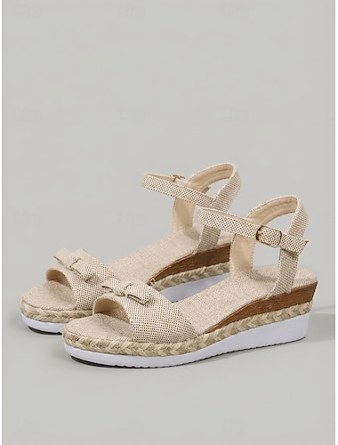  Sandales compensées en toile pour femmes avec nœud - sandales espadrilles confortables à plateforme avec bride à boucle à la cheville, idéales pour les vacances au bord de la piscine et les stations