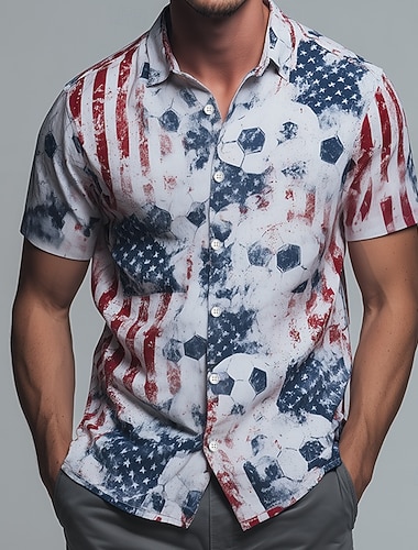  Herren Fußball US Flagge Hemd Knopfhemd Kurzarm Modisch lässig Streetwear Ferien Frühling Herbst Umlegekragen 3D-Druck Hemden mit Kragen Weiß 1 Weiß