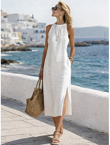  Damen Midikleid Kleider in Leinenoptik Spitzenkleid Strandkleid Freizeitkleid Elegant Mode Modern Strand Urlaub Wochenende Normale Passform Einfach Ärmellos Neckholder Blau Weiß Gelb Grün Sommer