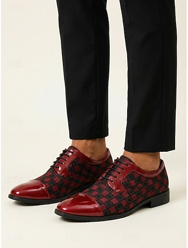  Chaussures habillées pour homme en similicuir, mocassins élégants à motif damier pour le marié et les occasions formelles
