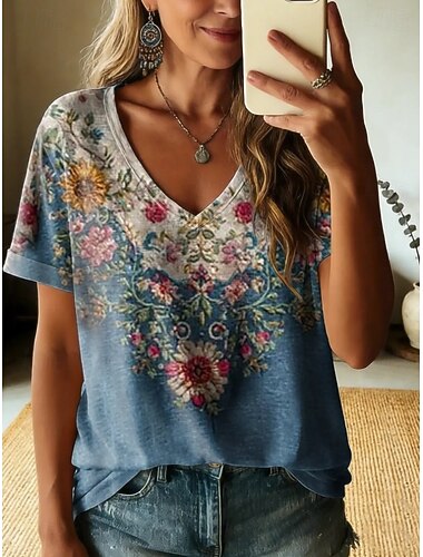  Dames T-shirt Afdrukken Grafisch Planten Stijlvol Klassiek Casual Korte mouw V-hals Normale tops Casual Dagelijks blauw Licht beige Licht Paars Paars Groen Zomer Lente