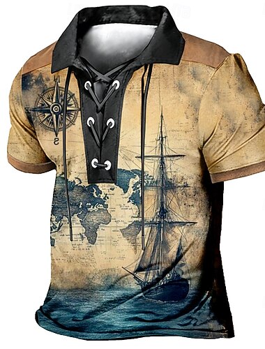  Herr Grafisk Pikétröjor Kortärmad Polotröjor Kavajslag Vintage Ledigt Streetwear Dagliga kläder 3D-utskrift Nättyg som andas Vår & sommar Blå Purpur Brun