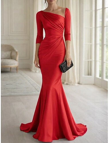  Harang fazon Földig érő Estélyi ruhák Elegáns Empire Waist Est Hosszú ujj Cakkos Esküvő Előírásos Sztreccs szatén val vel Rakott Egyszínű